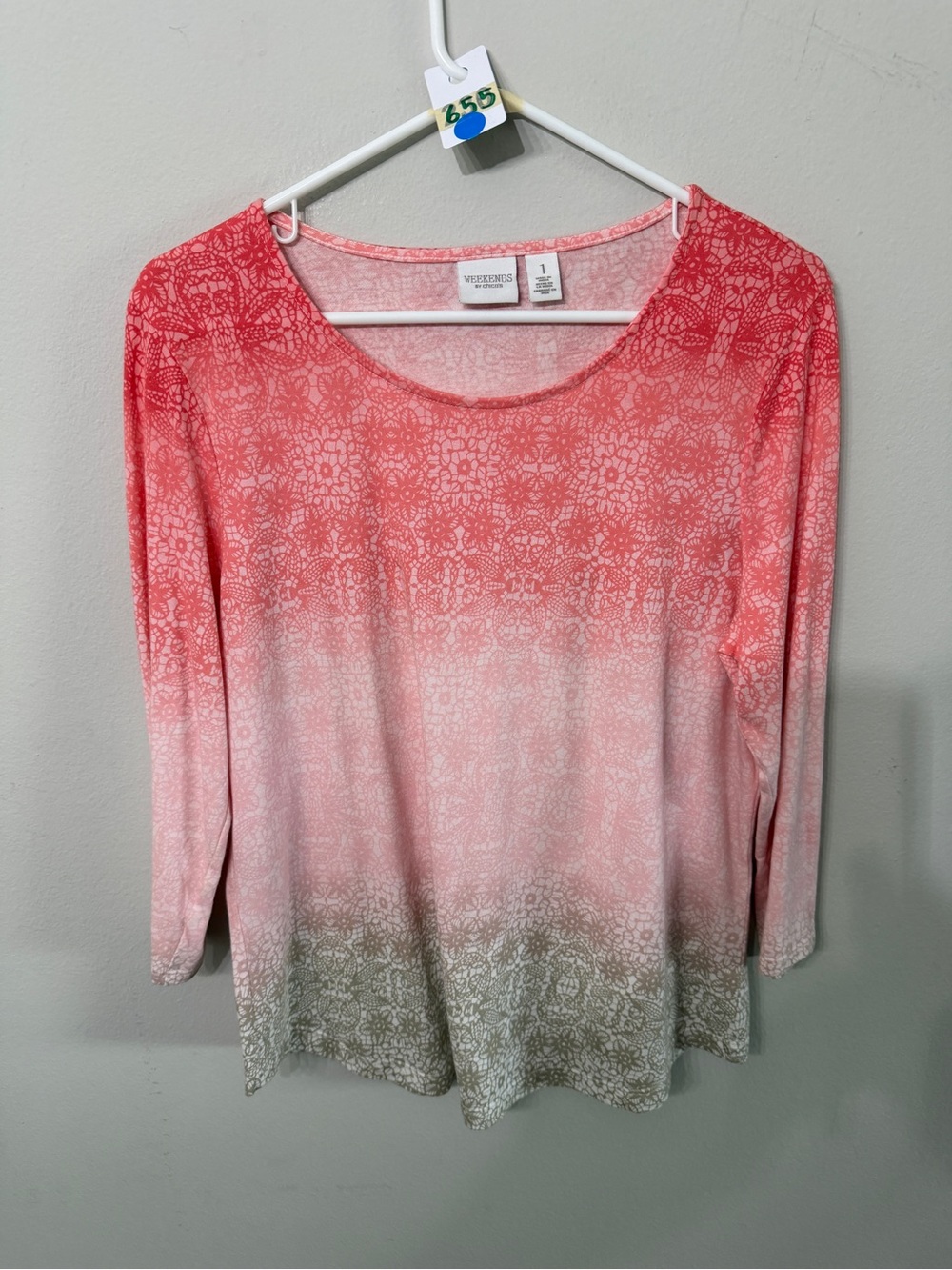 Chico's Weekends Coral to Cream Ombre Lace-Pattern Long Sleeve Tee Size 1